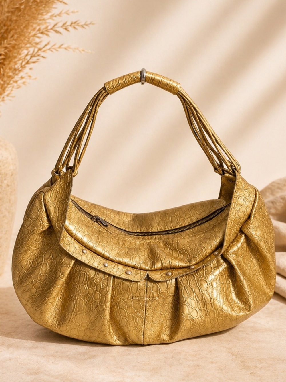 Charlie Lapson Gold Metallic Croc Embossed Shoulder Bag Slouchy Boho Chic